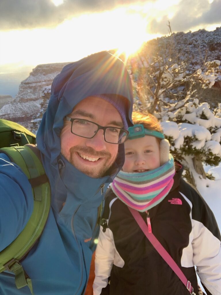 Cameron and myself in the early morning on the Rim Trail near Yavapai Point in the Grand Canyon. It was morning full of a fresh snow and amazing clouds.