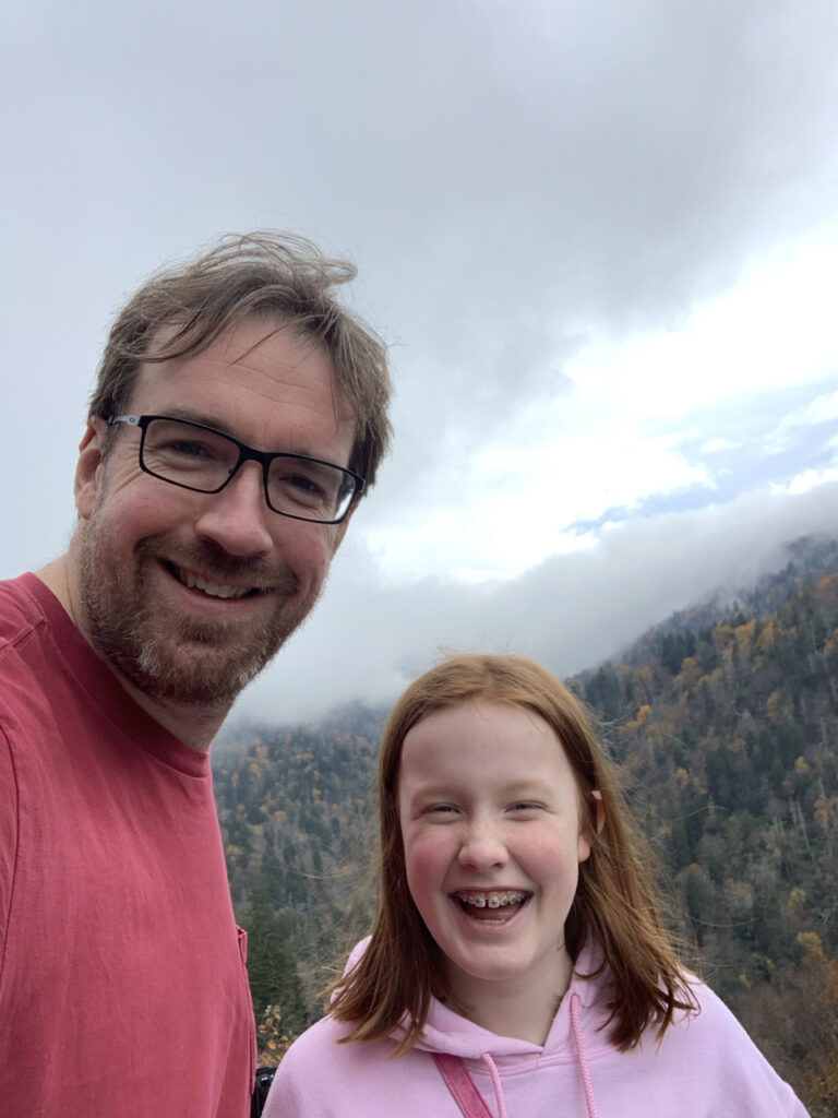 Cameron and myself waiting for sunset on a cloudy day nears Morton Overlook in the Great Smoky Mountains. 