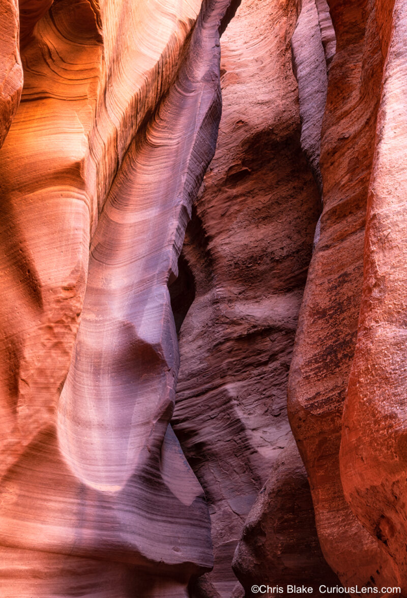 A view of Antelope Canyon near Page, Arizona, featuring sandstone walls with swirling patterns. Sunlight filters through a narrow gap, casting a glow on the rock formations. In the center of the image, the stone turns a deep purple, showing where water has carved into the canyon over millions of years, creating a striking scene with depth, color, and detailed textures.