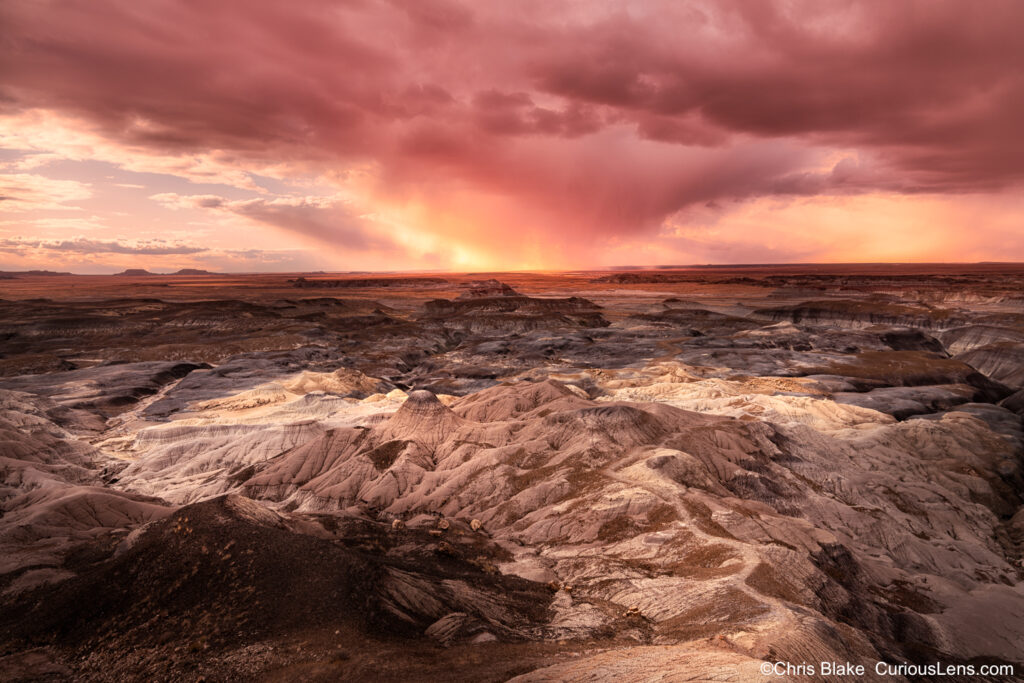 View from the Blue Forest Trail in Petrified Forest National Park at sunset, with warm light illuminating the badlands and a dramatic desert storm in the distance. The sky is a vibrant red, and rain is visibly falling from the dark clouds. This scene showcases the unique and changing landscapes of the trail, which is known for its challenging terrain and breathtaking views.