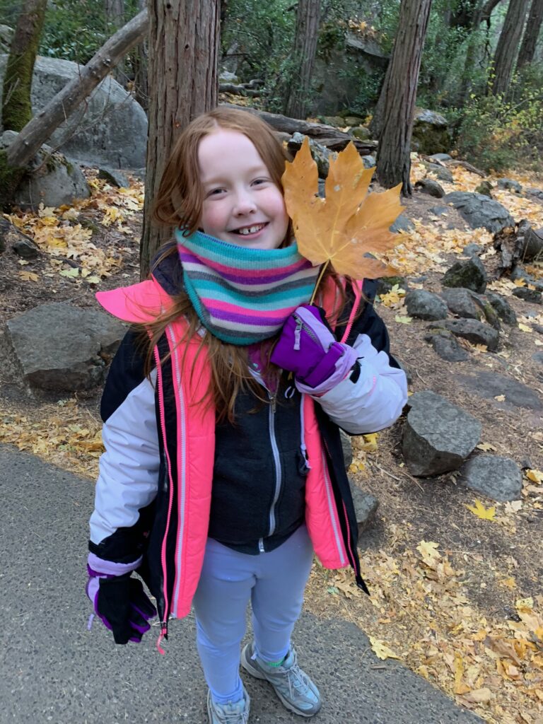 Cameron standing holding a massive leaf on the trail at Tuolumne Grove in Yosemite National Park.