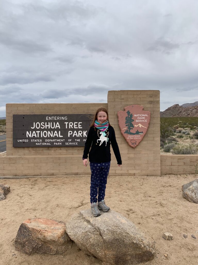 Cameron standing on a rock in front of the Joshua Tree National Park sign. 