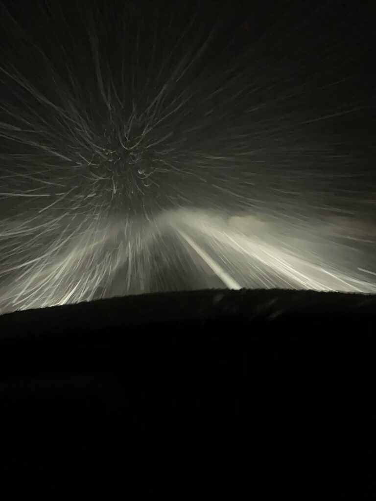 Driving into Joshua tree National Park in the early mornings in a snow storm.