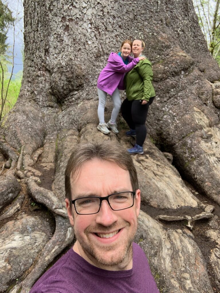 Cameron, Cat and myself standing the largest tree in Olympic National Park - the Grand Fir.