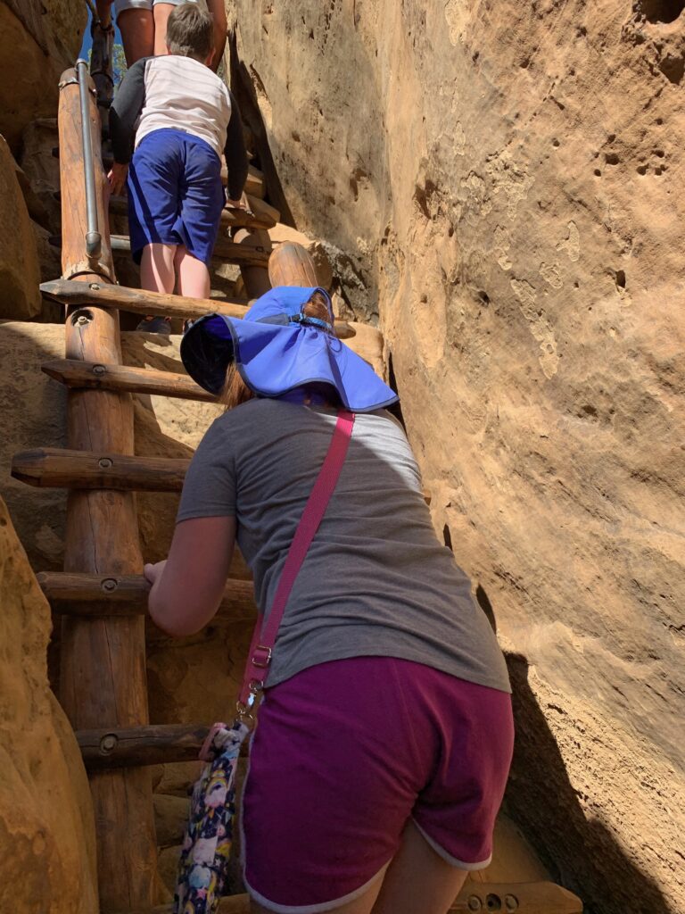 Cameron climbing a ladder on the tour at Cliff Palace.