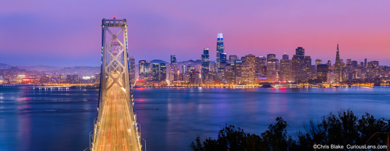 Bay Bridge view from Treasure Island with Salesforce building, Transamerica Pyramid, Hills Brothers Coffee building, Port of San Francisco, and blue hour sky.