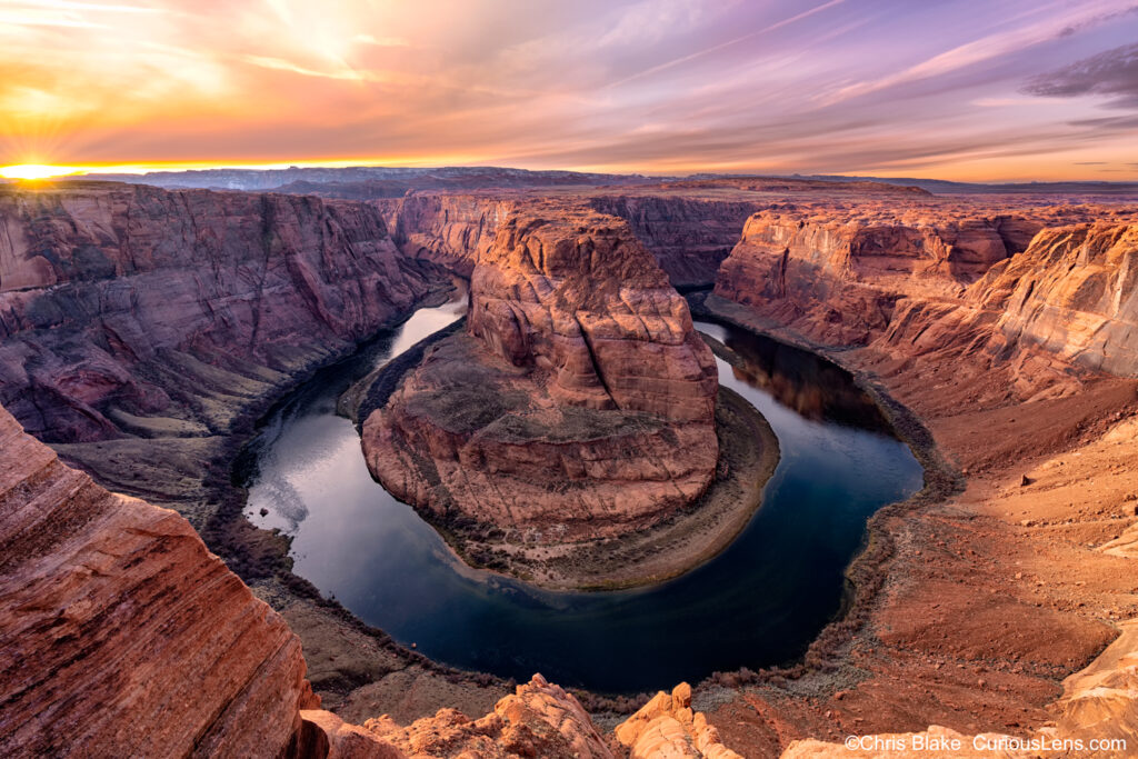 Sunset at Horseshoe Bend with colorful sky, Colorado River, and dramatic landscape, captured in a time blend.