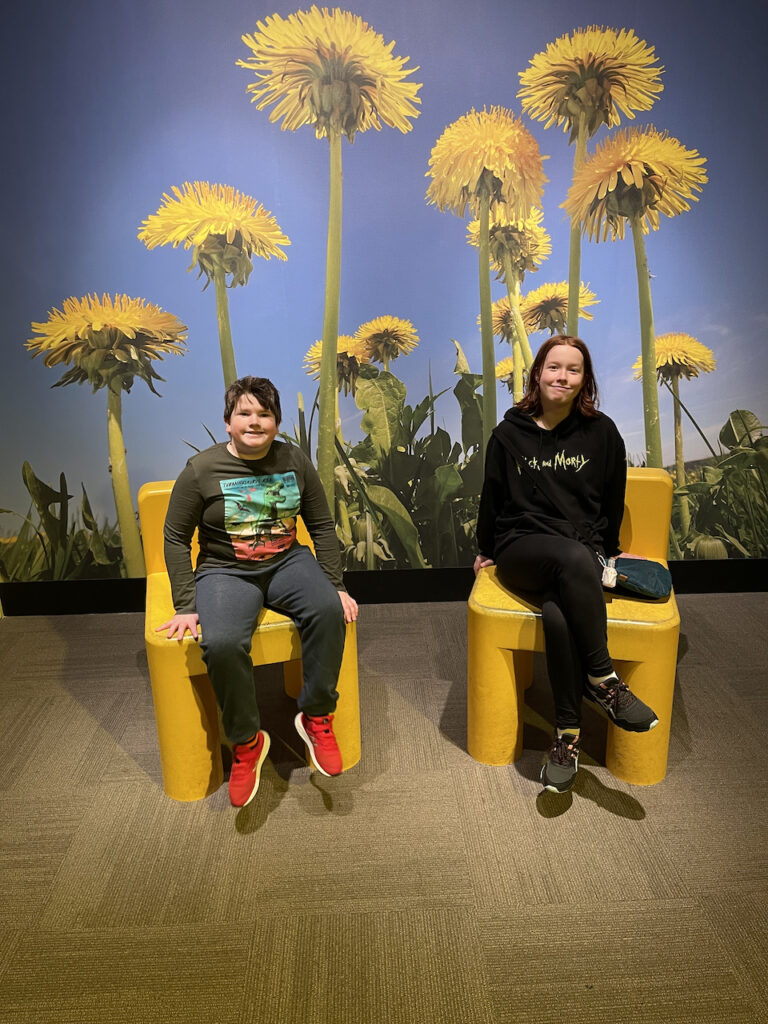 Collin and Cameron sitting in two yellow chairs that are part of an exhibit in the Field Museum. 