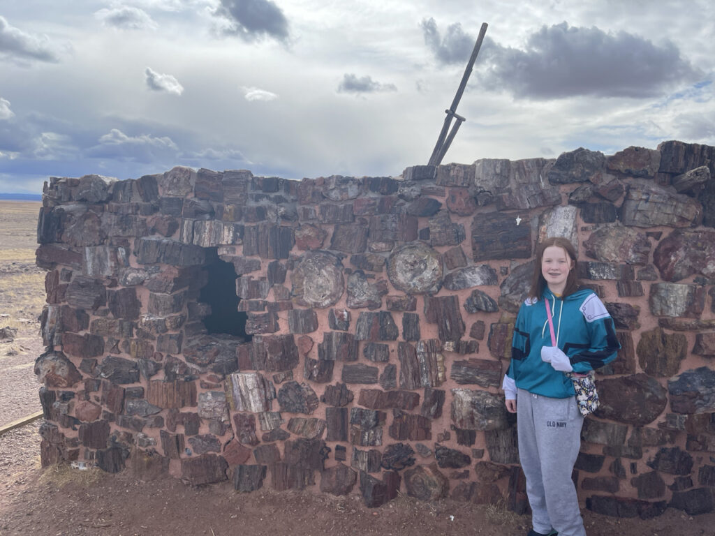 Cameron standing by the historic Agate House in the Petrified Forest National Park.