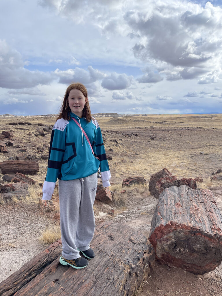 Cameron standing on and next to massive Petrified logs we found while hiking in the Long Logs sections of the Petrified Forest National Park.