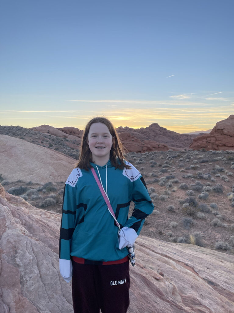 Cameron in the Valley of Fire State Park, at sunset with yellow and red clouds in the background. Standing on the side of a rocky hill.