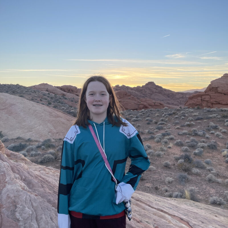 Cameron in the Valley of Fire State Park, at sunset with yellow and red clouds in the background. Standing on the side of a rocky hill.