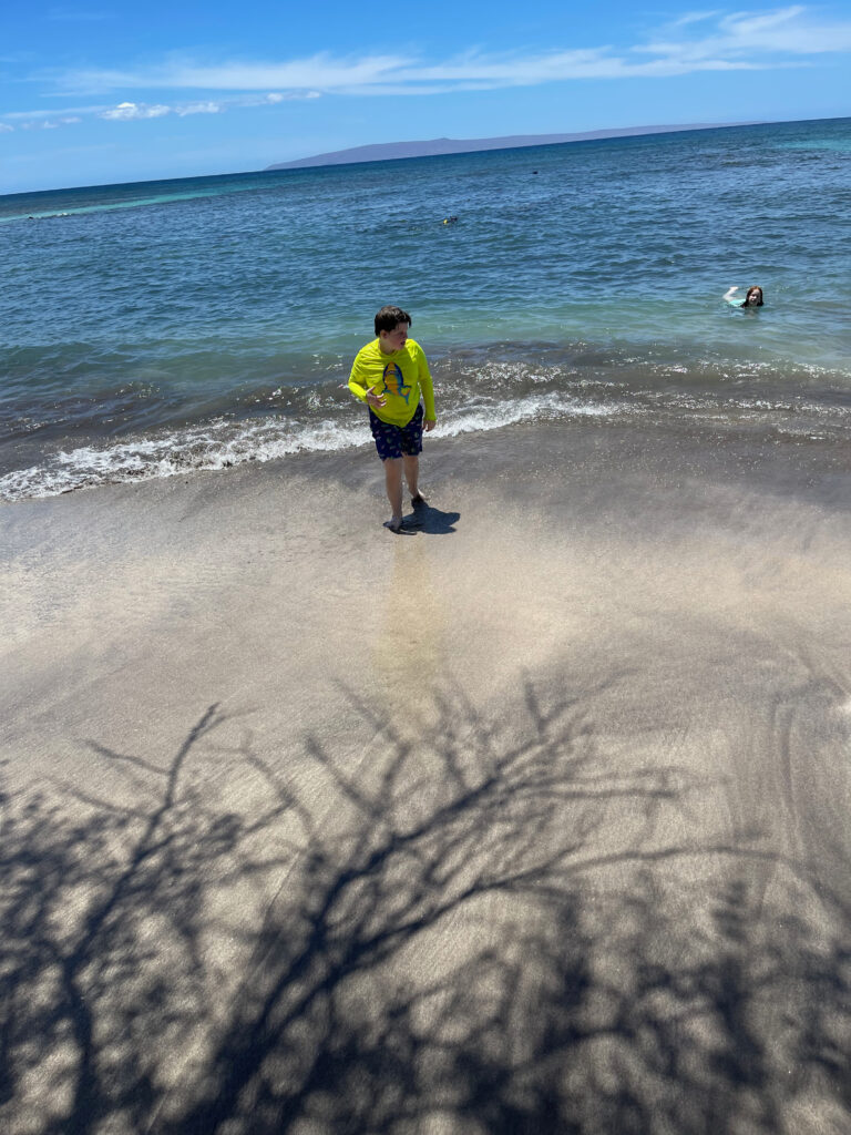 Cameron swimming and Collin on the edge of the water at Olowalu beach in Maui, Hawaii. 