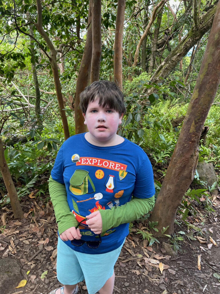 Collin looking very tired about halfway up the Pipwai Trail in Hana Maui. 