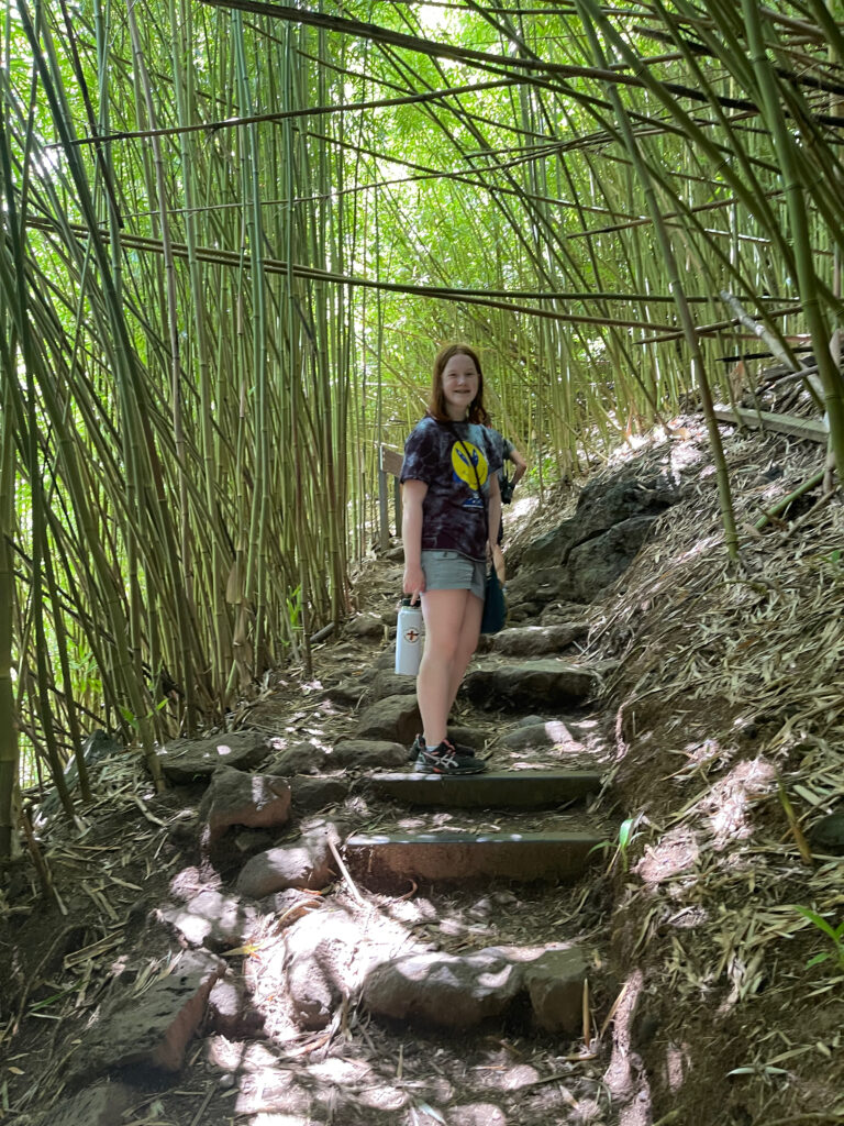 Cameron hiking up step rocky steps to get into the bamboo forest on the Pipiwai Trail in Haleakala National Park, in Hana, Maui. The light is just making its way through the forest and creating patches of light throughout.