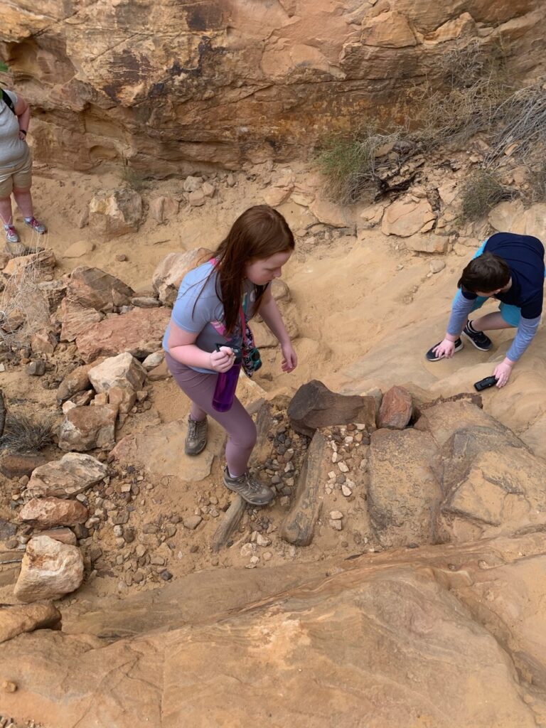 Cameron and Collin climbing rocks off the Capitol Gorge Trail on the way to the "Tanks" in Capitol Reef.