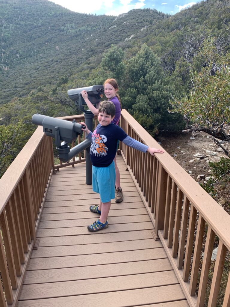 Cameron and Collin standing on the deck with binoculars at Mather Overlook. 