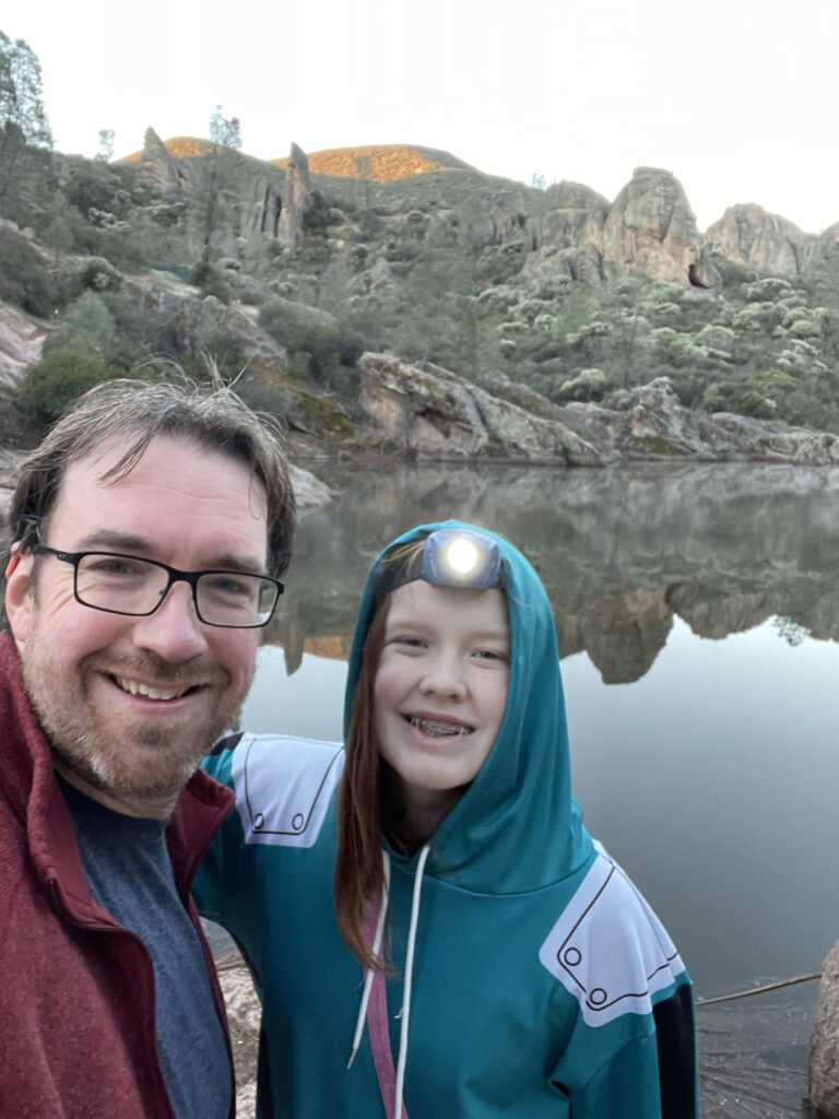 Cameron and myself just after down at the reservoir after make the long hike up in the dark. Her headlamp is still on.