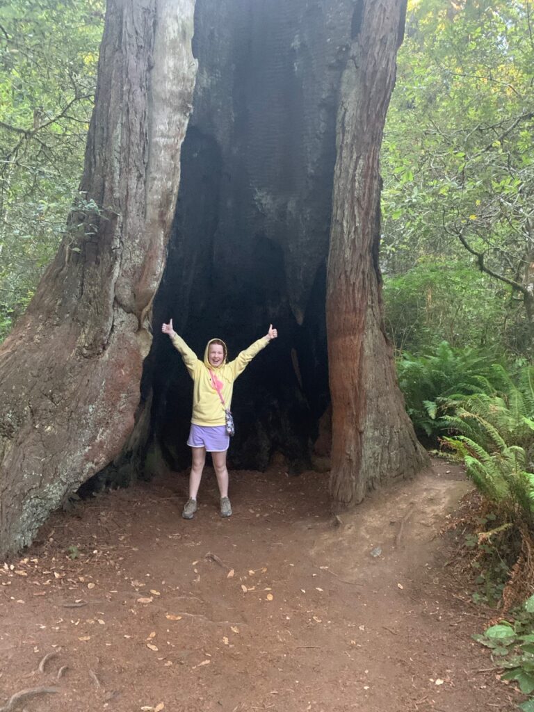 Cameron standing inside a giant redwood tree, that has been burned in a fire. In the Tall Trees Grove off the Lady Bird Johnson trail.