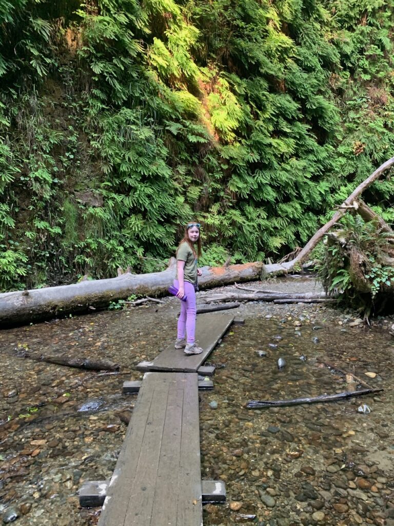 Cameron hiking in Fern Canyon in Redwoods National Park. Crossing over the river on planks put down by the Parks Service.