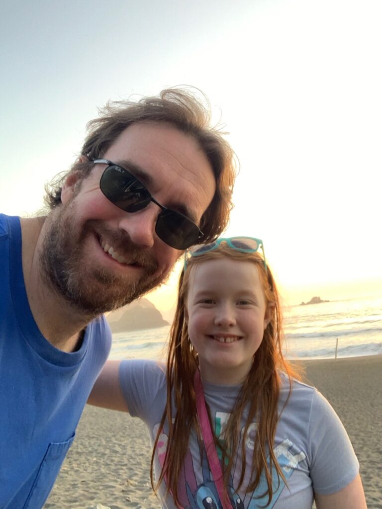 Cameron and myself at sunset on the beach at the Costal Trail at Lagoon Creek in Redwoods National Park close to Wilson Beach.