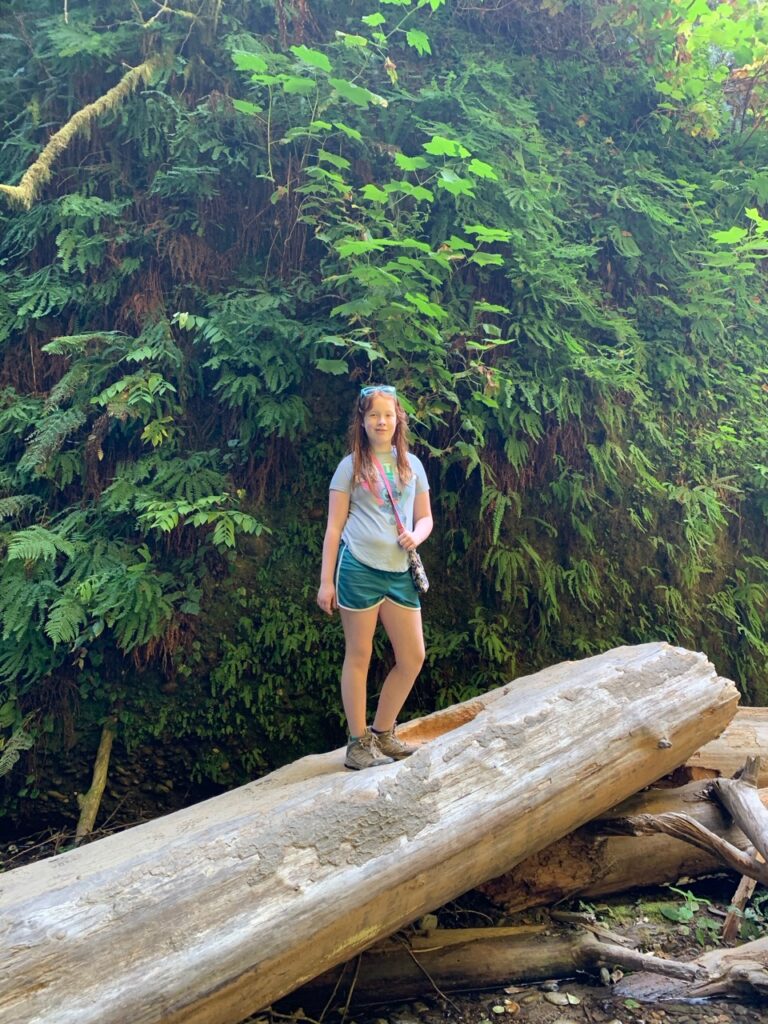 Cameron standing on a fallen log in Fern Canyon in Redwoods National Park.