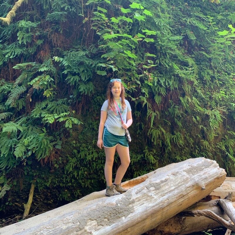 Cameron standing on a fallen log in Fern Canyon in Redwoods National Park.