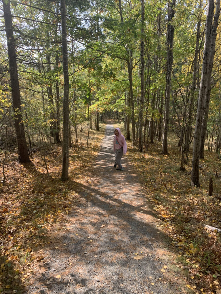 Cameron walking down Jesup Path in Acadia national park, the falls colors are at their peak and the late afternoon light appears to make the entire scene come alive. 