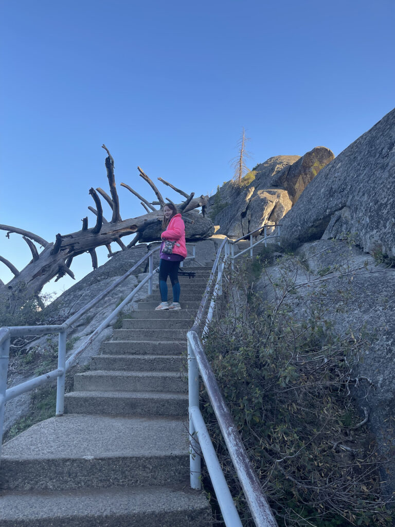 Cameron taking a break mid way up the steps of Moro Rock looking at the amazing view of the valley below and the mountains in the distance.