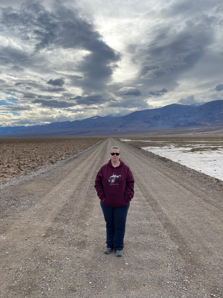 Cat standing in the middle of a dirt road near the salt flats and Devils Golf Course in death Valley National Park. There are massive storm clouds over head and the mountains in the distance. 