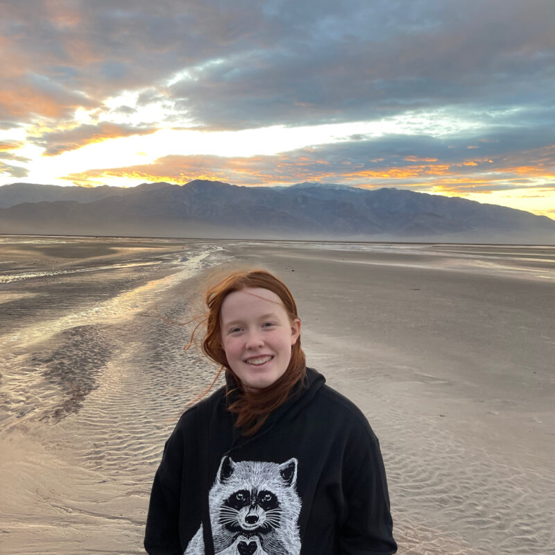 Cameron at sunset in the middle of Death Valley - near the Salt Creek. Rain had created new streams running through the desert, the sun is setting behind the mountain range behind her and the sky is lit up with color. She has a huge smile on her face and her hair is being blown by the wind.