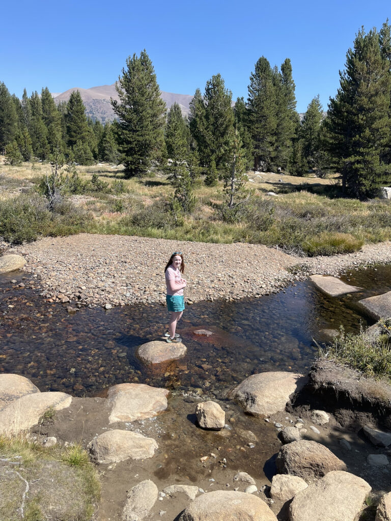 Cameron standing on a rock in the middle of the Dans Pork river in the High Sierra inside of Yosemite National Park.