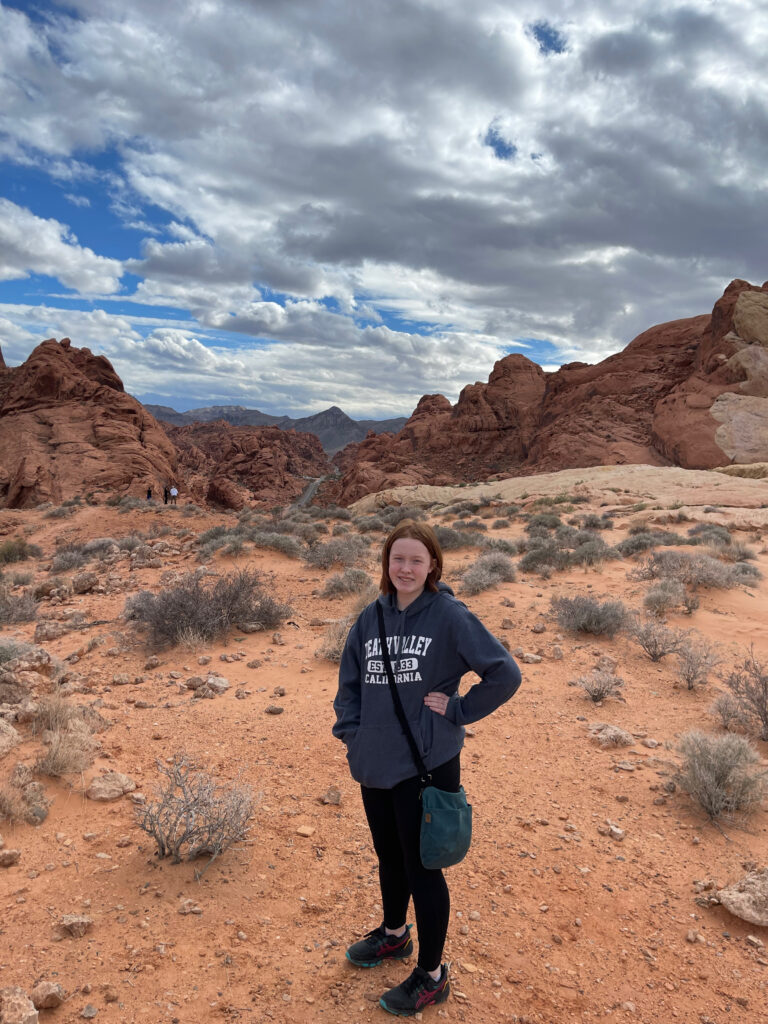 Cameron on a trail in the Valley of Fire State Park. Desert brush is all around her and there is cloudy and blue sky overhead.