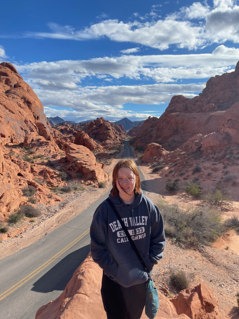 Cameron wearing a Death Valley sweatshirt, standing on very tall rocks overlooking the winding road into Fire Canyon in the Valley of Fire State Park.