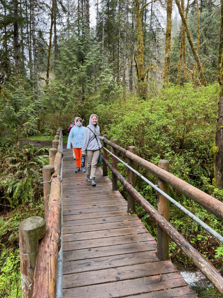 Cameron, Collin and Cat walking across one of the many wooden bridges on the Sweet Creek Falls Trail with a lush green rain forests all around them.