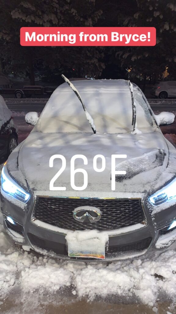 My rental car, pre-dawn in Bryce Canyon National Park, cover in snow and ice. 