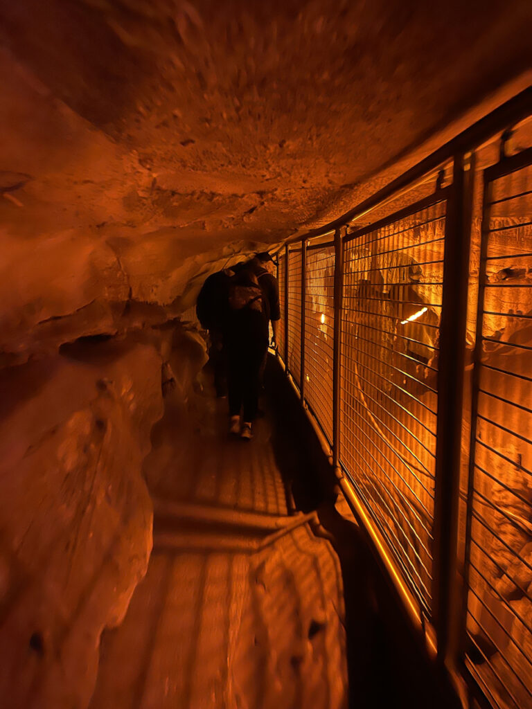 Cameron ducking and making her way through a narrow passageway of Mammoth Cave. There is a fence to her side protecting the most fragile rock formations.