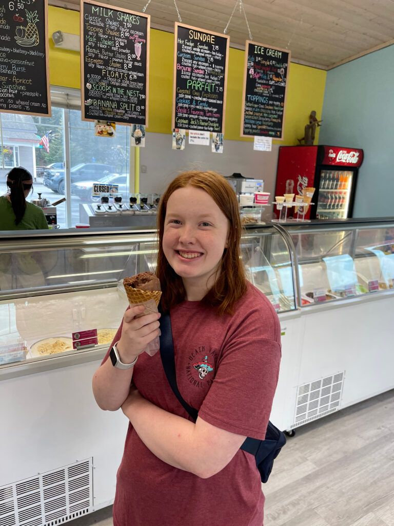 Cameron all smiles as she gets a massive ice cream cone at Harbor St Creamery in Seward Alaska. 