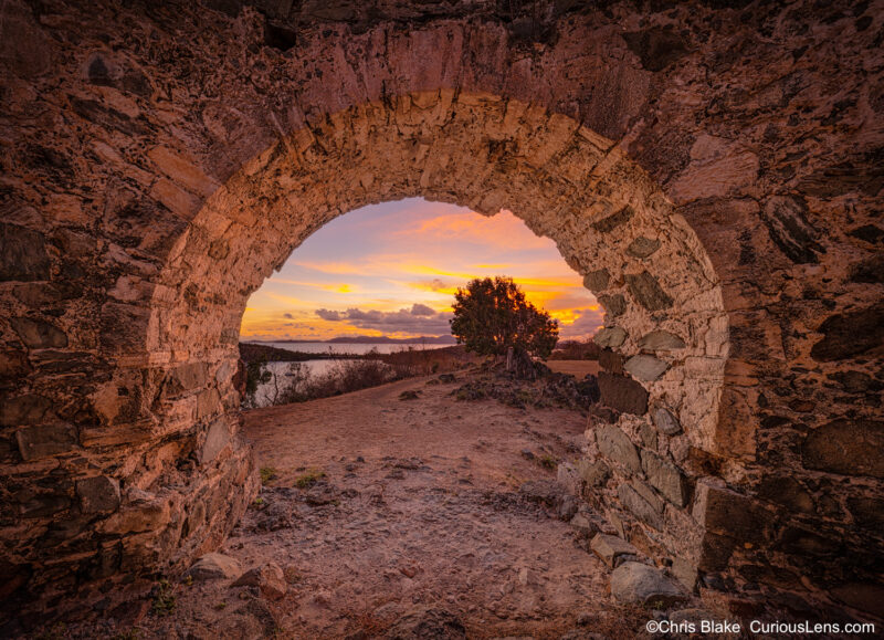 Sunset view from Peace Hill windmill ruins in the U.S. Virgin Islands, overlooking the British Virgin Islands.