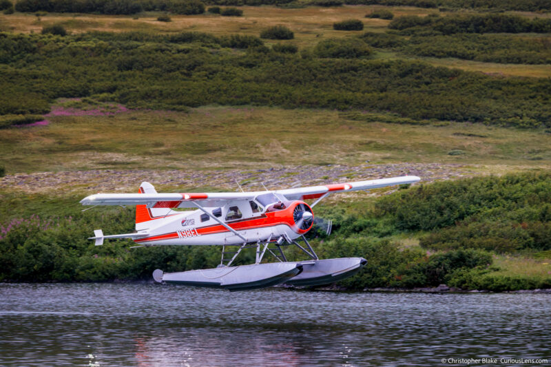 Float plane landing on Crosswinds Lake in Katmai National Park, Alaska, with lush wilderness in the background, showcasing remote travel in the Alaskan wilderness.