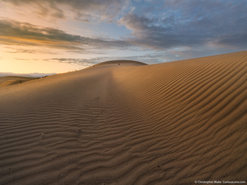 Late blue hour light illuminating Mesquite Flat Sand Dunes with a warm glow on the sand and a gradient from golden to dark blue in the sky.