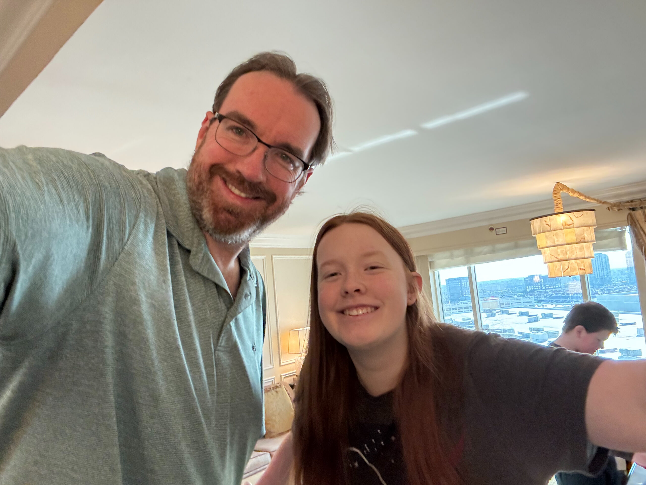 Chris and Cami all smiles in the hotel suite at The Venetian.