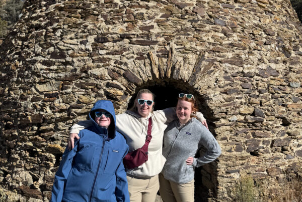 Cat, Cameron and Collin standing in front of one of the Wildrose Charcoal Kilns in Death Valley National Park.