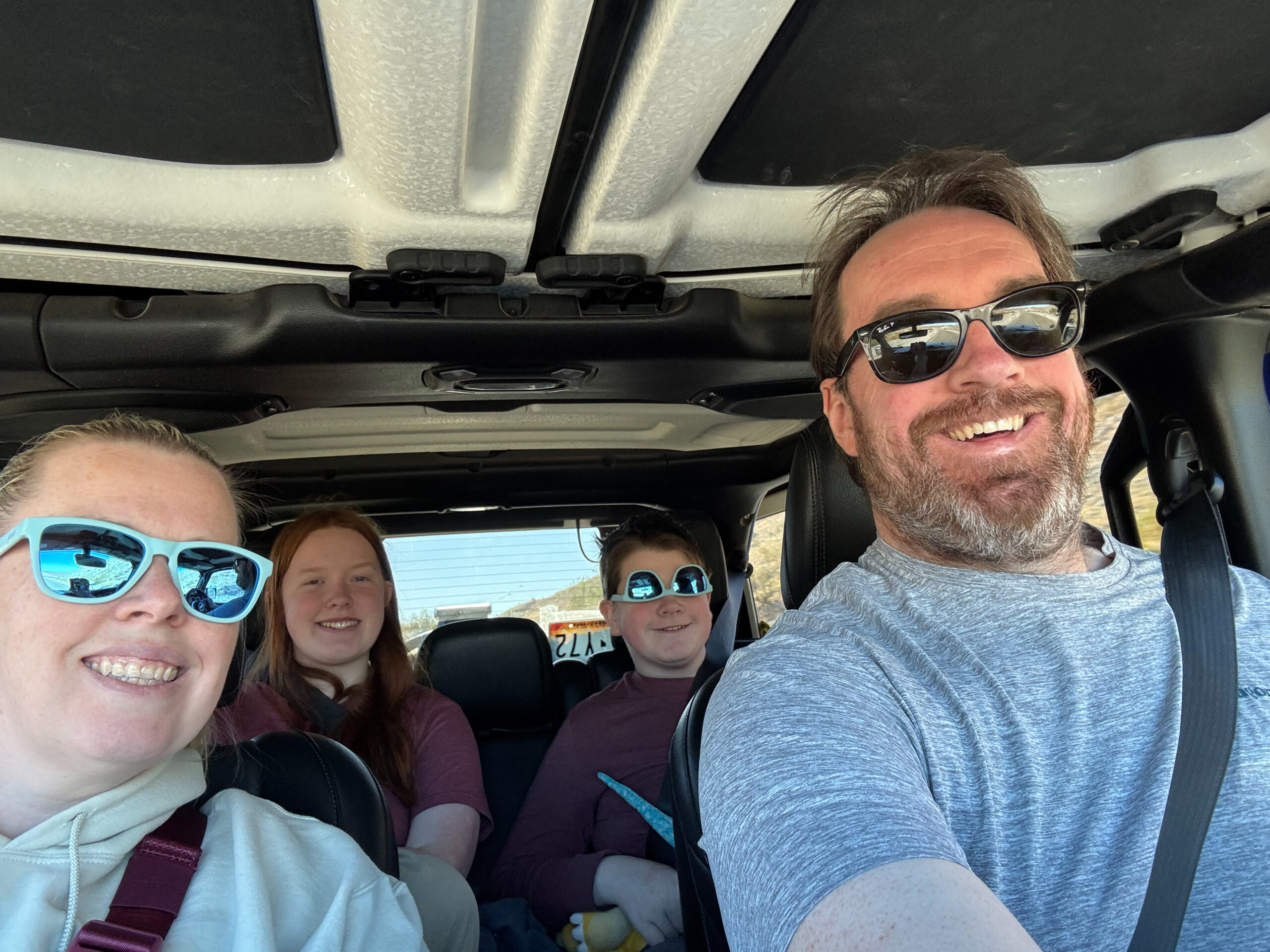 All four of us, Chris, Cat, Cameron and Collin inside our rented 4x4 Jeep.