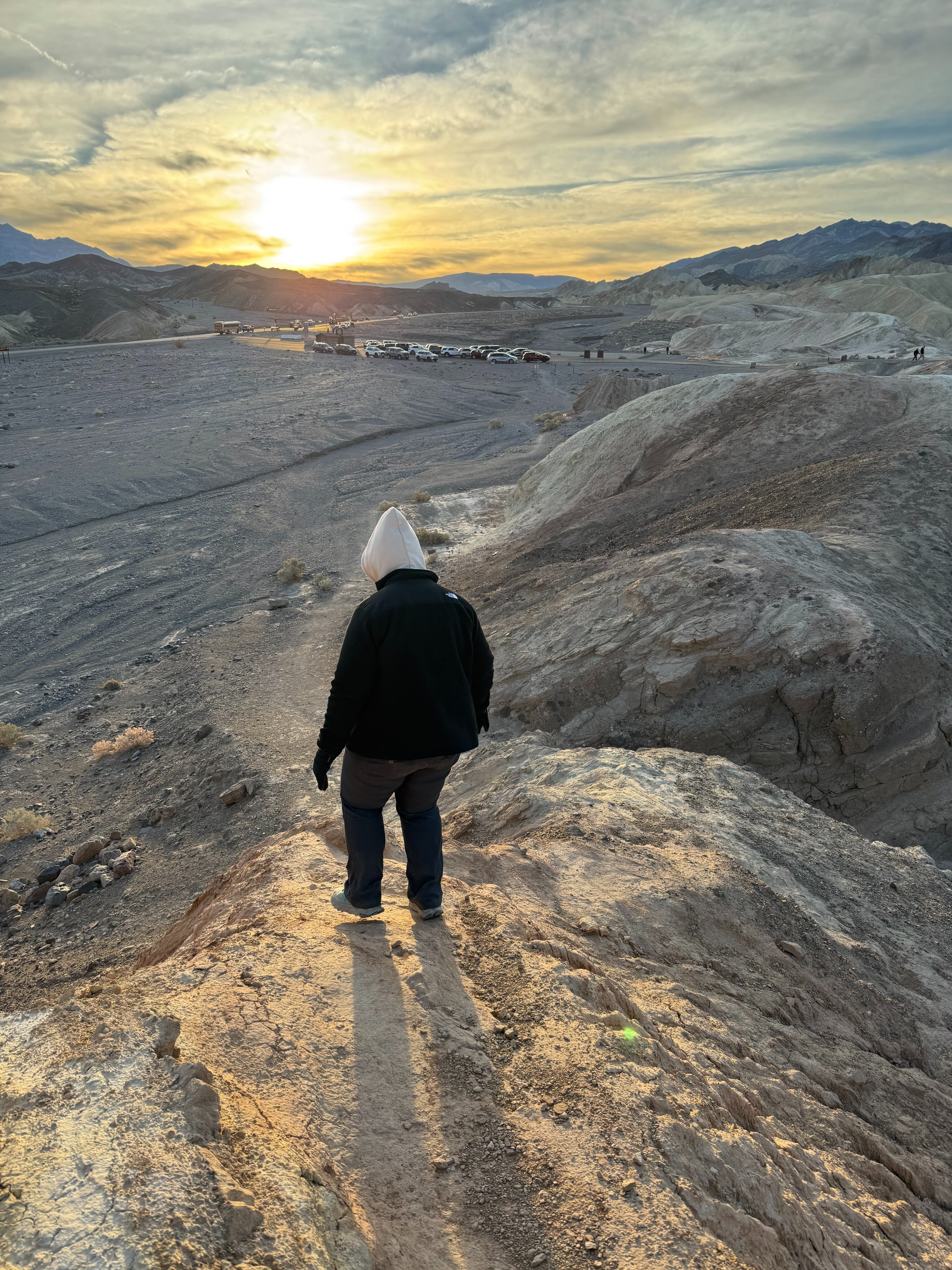 Cat walking down from the top of the badlands as the first morning light hits the rocks. 