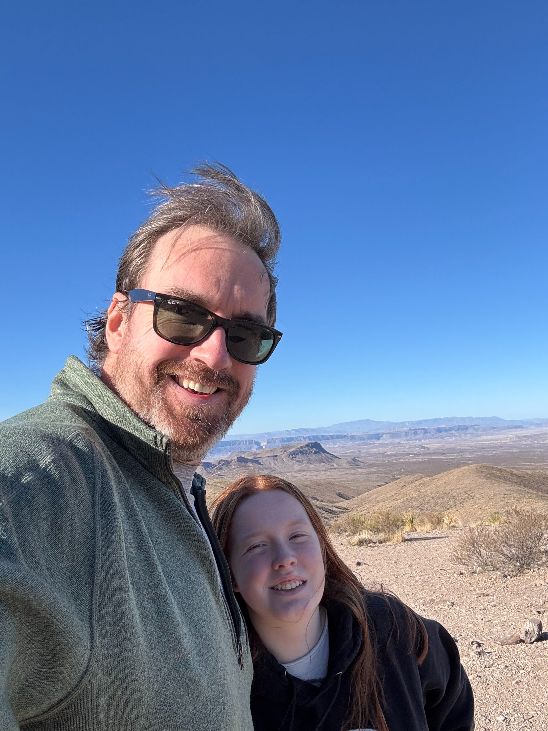 Cameron and I on a windy and cold day in the desert on a trail off the Ross Maxwell DR.