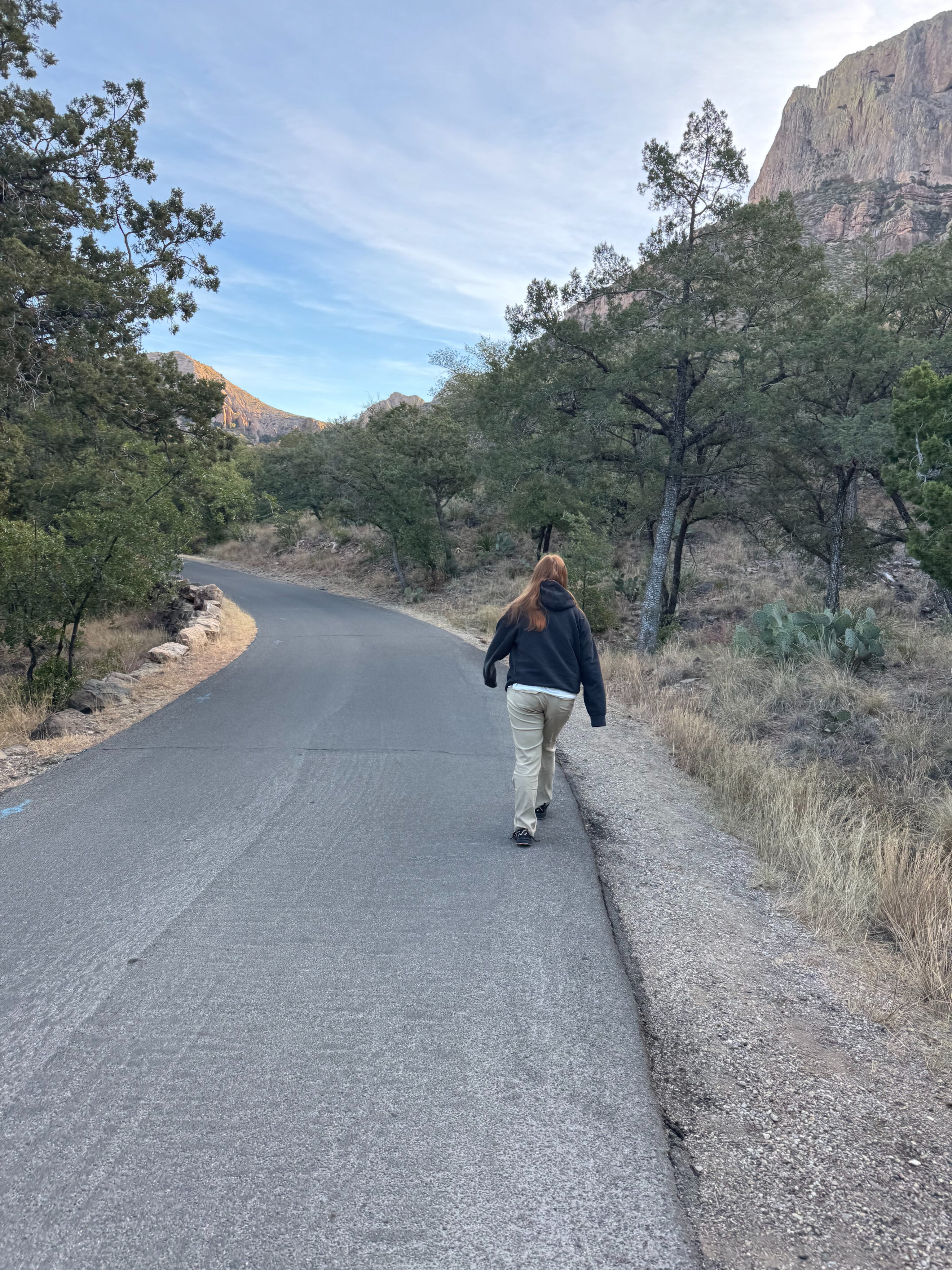 Cameron waking to breakfast from our hotel in the Chisos Lodge. 