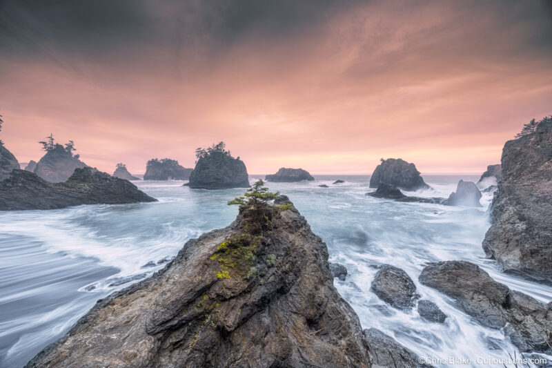 Time-blended photo of Secret Beach at sunset, showing a lone tree on a sea stack surrounded by waves and glowing skies in Samuel H. Boardman State Scenic Corridor.