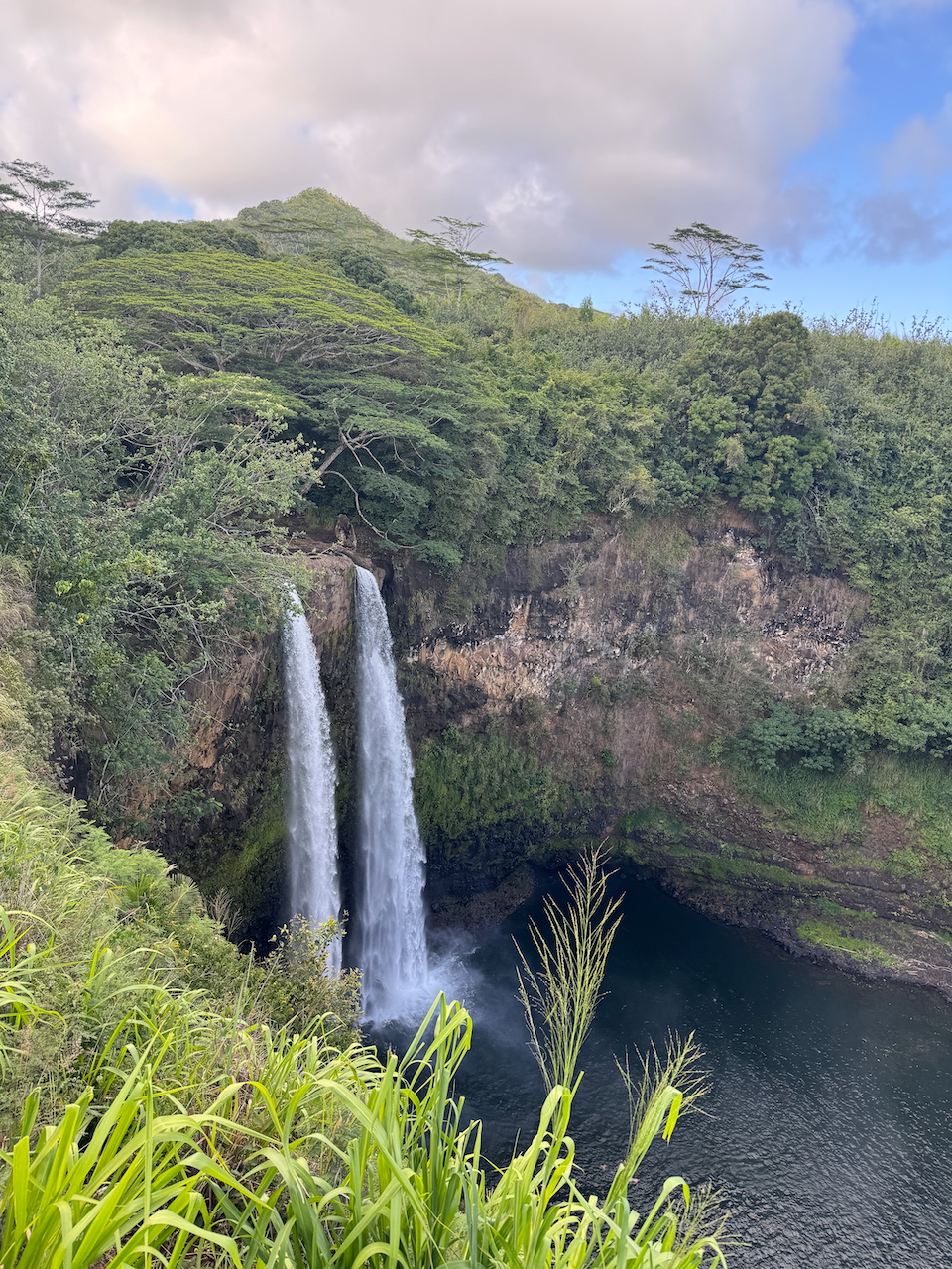 Scenic view of Wailua Falls cascading into the valley below.