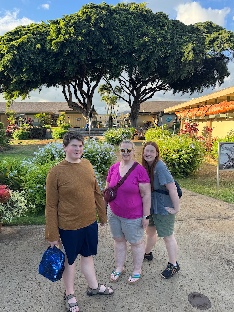 Cat, Collin, and Cameron dressed for dinner at Hilton hotel on Kauaʻi.